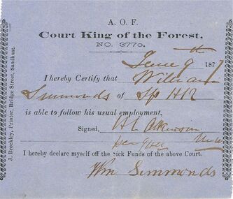Document - ANCIENT ORDER OF FORESTERS NO 3770 COLLECTION: DOCTOR'S CERTIFICATE