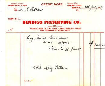 Document - ETHEL PATTISON COLLECTION:  BENDIGO PRESERVING CO , LONG SERVICE LEAVE DOCUMENT, 1969