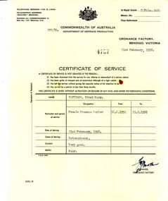 Document - ETHEL PATTISON COLLECTION:  CERTIFICATE OF SERVICE FROM COMMONWEALTH, ORDNANCE FACTORY, 1958
