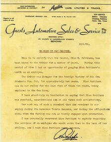 Document - ETHEL PATTISON COLLECTION:  GUEST'S MOTORS LETTERHEAD TESTIMONIAL, 1954