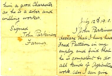 Document - ETHEL PATTISON COLLECTION: CHARACTER REFERENCE, 1910