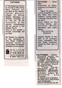Newspaper - ETHEL PATTISON COLLECTION: MEMORIAL NOTICES