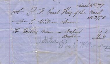 Document - ANCIENT ORDER OF FORESTERS NO 3770 COLLECTION: ACCOUNT/RECEIPT