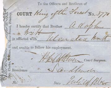 Document - ANCIENT ORDER OF FORESTERS NO 3770 COLLECTION: ADOLPHUS WITT