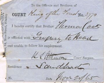 Document - ANCIENT ORDER OF FORESTERS NO 3770 COLLECTION: THOMAS COATH