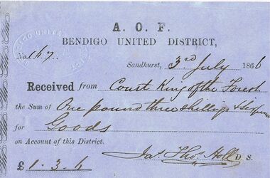Document - ANCIENT ORDER OF FORESTERS NO 3770 COLLECTION: RECEIPT