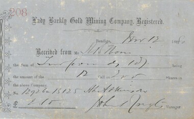 Document - RESCEIPT FROM LADY BARKLY GOLD MINING COMPANY , REGISTERED, 12/03/1880