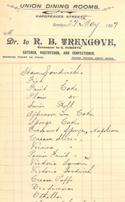 Document - SANDHURST SCHOOL OF MINES  COLLECTION: MEMO FROM R.B. TRENGOVE CATERER, 27/05/1907