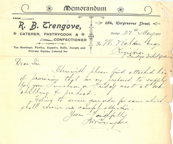 Document - SANDHURST SCHOOL OF MINES MEMO FROM R.B. TRENGOVE CATERER, 27/05/1907