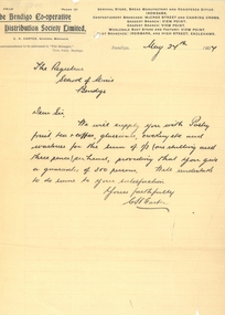 Document - SANDHURST SCHOOL OF MINES  COLLECTION: LETTER FROM THE CO OPERATIVE DISTRIBUTION SOC.LTD, 27/05/1907