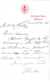 Document - SANDHURST SCHOOL OF MINES  COLLECTION:: LETTER FROM PARLIAMENT HOUSE, 24/06/1907