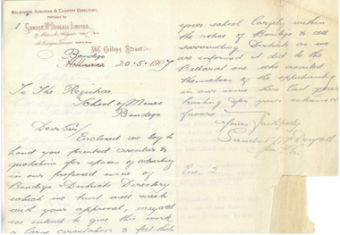 Document - SANDHURST SCHOOL OF MINES  COLLECTION: LETTER FROM SANDS & MCDOUGALL LTD, 22/04/1907