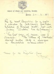 Document - SANDHURST SCHOOL OF MINES  COLLECTION: MEMO RE MISS ATKINSON, 24/06/1907