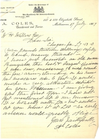 Document - SANDHURST SCHOOL OF MINES  COLLECTION: LETTER FROM A COLES , TAXIDERMIST AND FURRIER, 17/07/1907