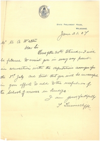 Document - SANDHURST SCHOOL OF MINES COLLECTION : LETTER FROM LEGISLATIVE ASSEMBLY VICTORIA