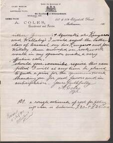 Document - SANDHURST SCHOOL OF MINES COLLECTION: LETTER  FROM A.COLES TAXIDERMIST AND FURRIER MELBOURNE