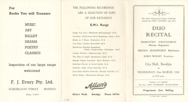 Document - DUO RECITAL, CITY HALL, BENDIGO, 21 March, 1962