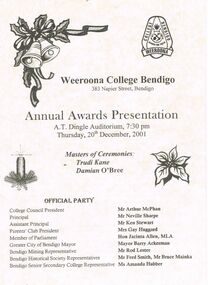 Document - WEEROONA COLLEGE BENDIGO ANNUAL AWARDS PRESENTATION 20.12.2001 BOOKLET