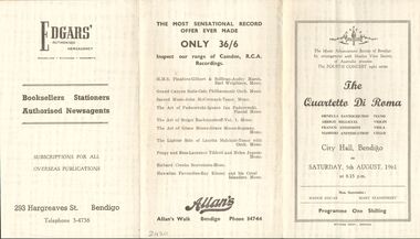 Document - THE QUARTETTO DI ROMA, CITY HALL, BENDIGO, 5 Aug, 1961