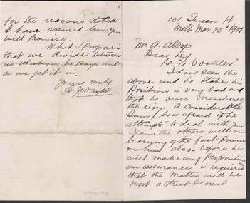 Document - KELLY AND ALLSOP COLLECTION: LETTER TO MR A. ALLSOP, 15/03/1901