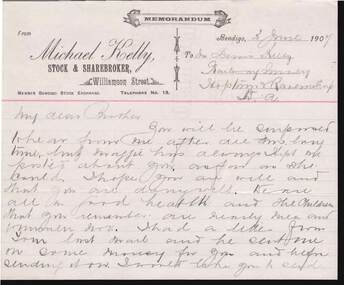 Document - KELLY AND ALLSOP COLLECTION: LETTER TO DENIS KELLY, 30/06/1907