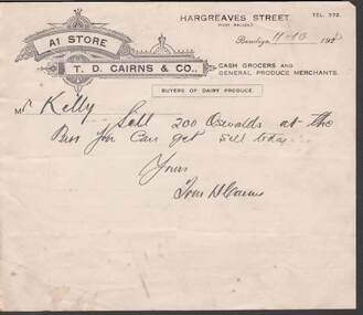 Document - KELLY AND ALLSOP COLLECTION: NOTE FROM T. D. CAIRNS, 11/10/1926