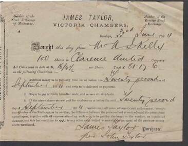 Document - KELLY AND ALLSOP COLLECTION: RECEIPT FOR SHARES IN CLARENCE UNITED