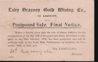 Document - KELLY AND  ALLSOP COLLECTION: LADY BRASSEY GOLD MINING CO. N. L. POSTPONED SALE.  FINAL NOTICE, 18/10/1902