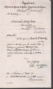 Document - KELLY AND ALLSOP COLLECTION: CHARTERED BANK OF INDIA, AUSTRALIA & CHINA NOTE, 03/06/1907