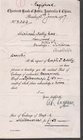 Document - KELLY AND ALLSOP COLLECTION: CHARTERED BANK OF INDIA, AUSTRALIA & CHINA NOTE, 03/06/1907