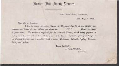 Document - KELLY AND ALLSOP COLLECTION: BROKEN HILL SOUTH LIMITED NOTE, 13/08/1926