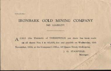 Document - KELLY AND ALLSOP COLLECTION: IRONBARK GOLD MINING COMPANY N. L. CIRCULAR