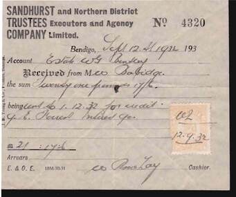 Document - W. BABIDGE COLLECTION: SANDHURST TRUSTEE COMPANY RECEIPT