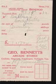 Document - W. BABIDGE COLLECTION: GEO. BENNETTS ARCADE STORES RECEIPT
