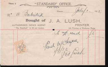 Document - W BABIDGE COLLECTION: J A LUSH RECEIPT