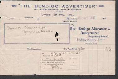 Document - W. BABIDGE COLLECTION: BENDIGO ADVERTISER ACCOUNT