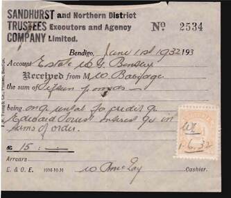 Document - W. BABIDGE COLLECTION: SANDHURST TRUSTEES COMPANY RECEIPT