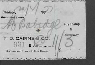 Document - W. BABIDGE COLLECTION: T. D. CAIRNS & CO. RECEIPT