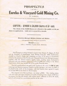 Document - JOSEPH DAVIES COLLECTION: PROSPECTUS OF THE EUREKA & VINEYARD GOLD MINING CO. N. L, 1900's