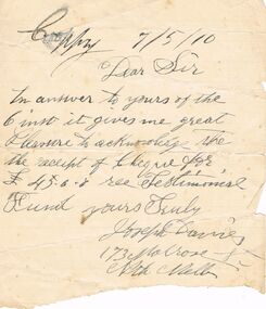 Document - JOSEPH DAVIES COLLECTION: ACKNOWLEDGE OF RECEIPT, 074/05/1910
