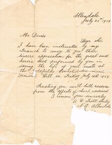 Document - JOSEPH DAVIES COLLECTION: LETTER OF APPRECIATION, 22/07/1909