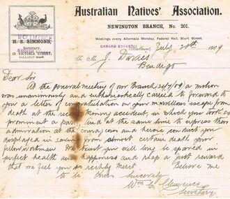 Document - JOSEPH DAVIES COLLECTION: LETTER OF CONGRATULATIONS, 21/07/1909