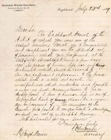Document - JOSEPH DAVIES COLLECTION: LETTER OF CONGRATULATIONS, 23/07/1909