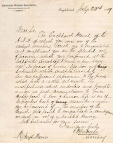 Document - JOSEPH DAVIES COLLECTION: LETTER OF CONGRATULATIONS, 23/07/1909
