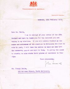 Document - JOSEPH DAVIES COLLECTION: LETTER TO MR DAVIS, 19/02/1910