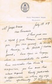 Document - JOSEPH DAVIES COLLECTION: LETTER OF CONGRATULATIONS, 19/07/1909