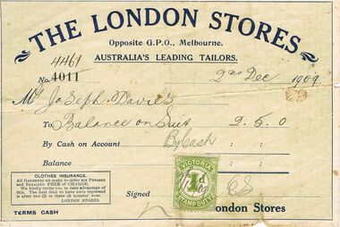 Document - JOSEPH DAVIES COLLECTION: TAILOR'S RECEIPT, 02/12/1909