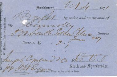 Document - THOMAS JAMES CONNELLY COLLECTION: SHARE RECEIPT DATED 4 OCT 1871, 04/10/1871