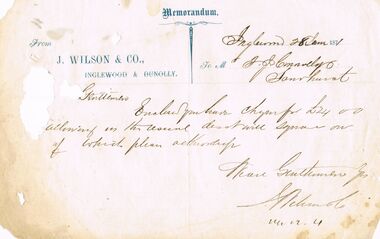 Document - THOMAS JAMES CONNELLY COLLECTION: MEMO DATED 28 JAN 1871, 28/01/1871