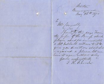 Document - THOMAS JAMES CONNELLY COLLECTION: MEMO DATED 26 MAY 1871, 26/05/1871